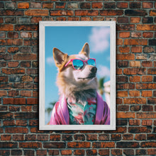 Load image into Gallery viewer, Corgi In Pink Suit Sunglasses Wall Print, Animal Print, Dog Portrait, Dog Art Print, Framed Wall Art, Framed Canvas, Wall Print, Wall Canvas
