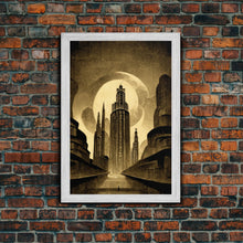 Load image into Gallery viewer, Dystopian Metropolis Art Deco Canvas Print, City Skyline, Fantasy Art, Art Deco Living Room Art, ready to hang wall art
