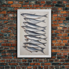 Cargar imagen en el visor de la galería, Minimalist Sardines Art Print - Framed Canvas Art - Oil Painting Still Life Print - French Kitchen Art - Restaurant Art - Boho Farmhouse Art
