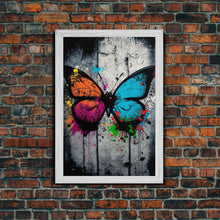 Load image into Gallery viewer, Graffiti Butterfly Art, Framed Canvas Print, Large Wall Art, Contemporary Punk Art, Butterflies, Pop Art, Paint Splatter Art
