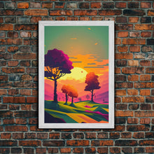 Load image into Gallery viewer, Retro Pop Art Landscape Art At Sunset, Framed Canvas Print, Outrun Style Trees and Sunset, Living Room Art
