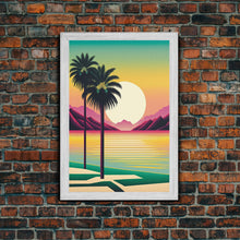 Load image into Gallery viewer, Framed Canvas Print - Art Deco Sunset Scene - Mountains, Palmtrees &amp; Beaches - Retro Style Art - Living Room Decor
