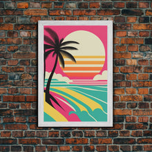 Load image into Gallery viewer, Framed Art Deco Canvas Print - Sunset Beach Scene, Minimalist Palms, Retro Style - Pink and Turquoise Vaporwave Art
