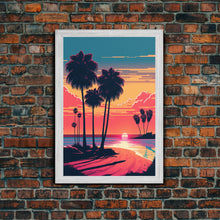 Load image into Gallery viewer, Framed Canvas Print - Art Deco Sunset, Beaches, Minimalist Palm Trees, Retro Synthwave, Vaporwave, 80s Vibes, Gamer Art, Bar Decor
