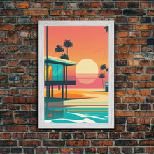 Carregar imagem no visualizador da galeria, Art Deco Sunset Beach Canvas Print, Minimalist Retro Palmtree Vibe, Vaporwave Art, 80s Retro Vibes, Miami Inspired Art
