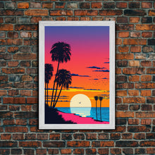 Load image into Gallery viewer, Framed Canvas Print - Art Deco Sunset, Beaches, Minimalist, Palmtrees, Retro Style, Synthwave, Vaporwave, 80s Style Decor, Palme Trees

