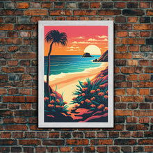 Load image into Gallery viewer, Framed Canvas Print | Art Deco Sunset, Beach, Palm Trees, Retro Style, Synthwave, Vaporwave, Island Vibes, Minimalist Beach Art

