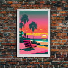 Load image into Gallery viewer, Framed Canvas Print – Art Deco Sunset Beach, Minimalist, Retro, Palm Trees, Synthwave, Vaporwave, Island Vibes, Lounging, Synthwave Deco
