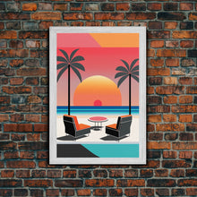 Load image into Gallery viewer, Framed Canvas Print - Art Deco Sunset, Minimalist Beach, Palm Trees, Retro Style, Synthwave, Vaporwave, Minimalist Abstract Decor
