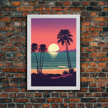 Load image into Gallery viewer, Framed Canvas Print - Art Deco Sunset, Palm Trees, Synthwave Vibes, Beach Decor, Vaporwave Pink Art, Miami Vibes
