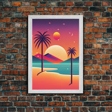 Carregar imagem no visualizador da galeria, Framed Canvas Print | Art Deco Sunset | Retro Style | Palm Trees | Island Vibes | Desert Pyramids and Palm Trees | Desert Art
