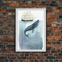 Load image into Gallery viewer, Framed Wall Art Blue Whale Painting, Watercolor Painting, Whale Print, Whale and Boat, Whale Nursery, Humpback Whale, Framed Wall Art
