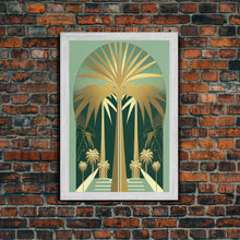 Load image into Gallery viewer, Boho Modern Frank Lloyd Wright-inspired Art Deco Canvas Print, Emerald Green and Gold Palm Tree, wall decor, wall art original, MCM Art
