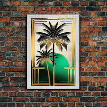 Load image into Gallery viewer, Boho Modern Frank Lloyd Wright-inspired Art Deco Canvas Print, Emerald Green and Gold Palm Tree, wall decor, wall art original, MCM Art
