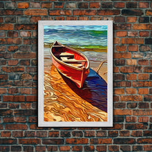 Load image into Gallery viewer, Abandoned Canoe On The Lake, Framed Canvas Print, Oil Painting Style, Abstract Wall Art, Lakehouse Wall Decor, Boho Art
