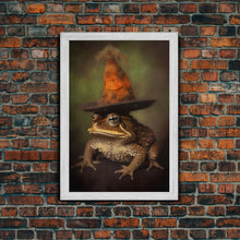 Load image into Gallery viewer, Frog Wall Art, Frog Wearing Witch Hat, Funny, Animal Wall Art, Nature, Modern Print, Wall Decor, Canvas Print, Wall Art, Framed Canvas

