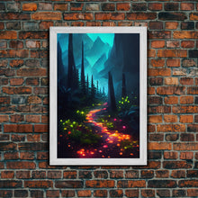 Load image into Gallery viewer, Luminescent magical forest canvas print, glowing trail though the trees, fantasy art, gloomy wall art, dark decor
