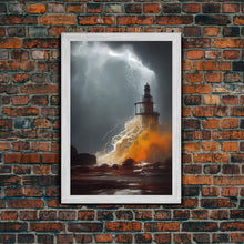 Load image into Gallery viewer, Lighthouse Oil Painting Canvas Print, Light house landscape print, Lighthouse in a storm with lightning and thunder, waves crashing
