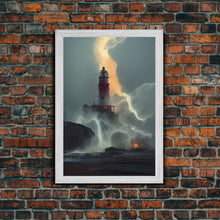 Load image into Gallery viewer, Lighthouse Oil Painting Canvas Print, Lightning striking a lighthouse during a dark stormy night, gloomy wall art

