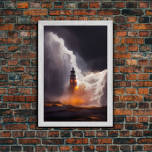 Load image into Gallery viewer, Lightning striking a burning lighthouse, canvas print, oil painting style, dark and gloomy wall art
