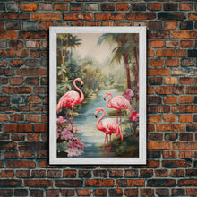 Cargar imagen en el visor de la galería, Flamingo Art Print, Tropical Wall Art, Palm Trees, Canvas Print, Wall Art, Vertical Print, Modern House Art, Gift For Boss, Bedroom Prints
