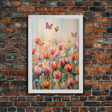 Load image into Gallery viewer, Tulip Field Wall Art, Flower Wall Print, Colorful Art, Butterfly Art, Canvas Print, Wall Art, Vertical Print, Birthday Gift, House Wall Art

