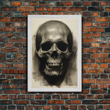 Cargar imagen en el visor de la galería, Charcoal Drawing, Gothic Art Print, Human Skull Decor, Canvas Print, Wall Art, Vertical Art, Entryway Prints, Wall Hanging, Birthday Gift

