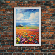 Cargar imagen en el visor de la galería, Flower Farm Wall Art, Tulip Field, Countryside Wall Print, Canvas Print, Wall Art, Vertical Art, Gifts For Grandma, Tiny House Decor

