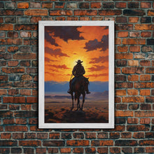 Load image into Gallery viewer, Cowboy Silhouette Wall Art, Western Wall Decor, Sunset Wall Art, Canvas Print, Wall Art, Vertical Art, Teen Boy Wall Art, Rustic Wall Decor
