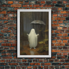 Load image into Gallery viewer, Goofy Ghost In The Rain,  Vintage Halloween Canvas, Framed Canvas Print, Cute Wall Art, Who's Haunting Who?
