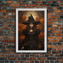 Load image into Gallery viewer, Beautiful Gothic Witch Art, Framed Halloween Canvas, Canvas Print, Spooky Halloween Wall Art, Halloween Deco, Witchy Art Pumpkin Patch Witch
