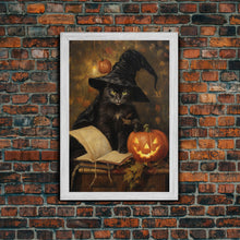 Carregar imagem no visualizador da galeria, Cute Witch Cat Reading Her Book Of Spells, Vintage Halloween Art, Framed Canvas Print, Halloween Canvas Art, Witchcraft
