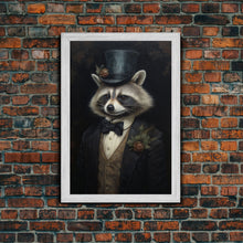 Load image into Gallery viewer, Distinguished Dapper Gentleman Raccoon, Funny Animal Prints, Humorous Art, Framed Canvas, Wall Art, Canvas Print, Funny Halloween Decor
