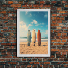 Load image into Gallery viewer, Surf Board Art, Framed Canvas Print, Surf Decor, Surf Art, Surfboard Wall Art, Surf Wall Art, Surf Poster, Surf Board Decor, Beach House Art
