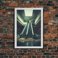 Load image into Gallery viewer, Escalator, Abandoned Building, Moody Wall Art, Horror Art Print, Canvas Print, Wall Hanging, Portrait Art, Nerdy Home Decor, Bedroom Prints
