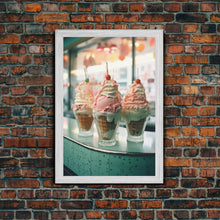 Load image into Gallery viewer, A Strawberry Sunday Kitchen Decor, Ice Cream Art, Framed Canvas Print, Ice Cream Parlor Decor, Icecream Shop Wall Art, MCM Style Decor

