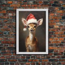 Cargar imagen en el visor de la galería, Cute Deer Wearing A Santa Hat, Christmas Decor, Woodland Animals, Christmas Wall Art, Winter Decor, Holiday Decor, Seasonal Decor
