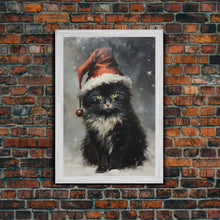 Carregar imagem no visualizador da galeria, Black Christmas Cat Wearing A Santa Hat, Framed Canvas Print, Christmas Decor, Xmas Wall Art, Holiday Decor, Seasonal Wall Decor
