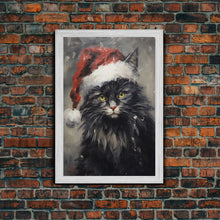 Cargar imagen en el visor de la galería, Christmas Cat In His Christmas Hat, Framed Canvas Print, Holiday Decor, Framed Canvas Print, Seasonal Wall Art
