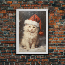 Cargar imagen en el visor de la galería, Christmas Cat In A Christmas Hat, Farmhouse Christmas, Farmhouse Decor, Framed Canvas Print, Seasonal Wall Art, Winter Decor, Christmas Art

