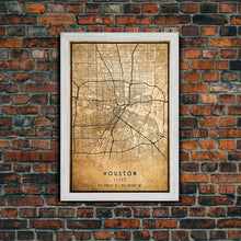 Load image into Gallery viewer, Distressed Houston map print poster canvas print, framed road map art, Texas map print poster canvas, Houston city map print poster canvas
