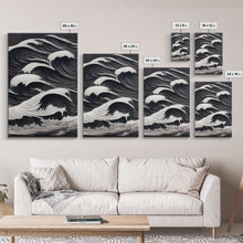 Carregar imagem no visualizador da galeria, Black and White Tidal Waves, Japanese Style Art, Framed Canvas Print, Ready To Hang Framed Wall Art, Living Room Wall Decor
