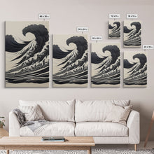 Carregar imagem no visualizador da galeria, Black and White Tsunami Waves, Japanese Style Art, Framed Canvas Print, Ready To Hang Framed Wall Art, Living Room Wall Decor
