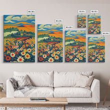 Load image into Gallery viewer, Surrealist field of daisy flowers, daisies, psychedelic art, Framed Canvas Print, Ready To Hang Framed Wall Art
