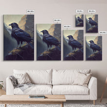 Load image into Gallery viewer, The raven, cool mountain crow art, raven in a forest portrait, fine art poster print
