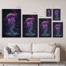 Load image into Gallery viewer, Bioluminescent Cosmic Jellyfish against a Starry night sky, JellyFish Art, Framed Canvas Print, synthwave style art
