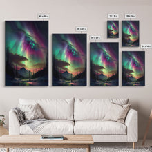 Carregar imagem no visualizador da galeria, Aurora Borealis, Northern Lights Art, framed canvas print, snow capped mountain landscape art
