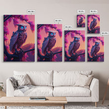 Load image into Gallery viewer, Cyberpunk Robot Owl, framed canvas print, Cybernetic android owl art, vaporwave aesthetic futuristic art
