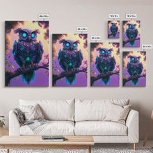 Load image into Gallery viewer, Cyberpunk Robot Owl, framed canvas print, Cybernetic android owl art, vaporwave aesthetic futuristic art
