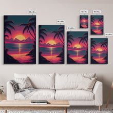 Load image into Gallery viewer, 8 bit pixel art sunset, synthwave style palm tree beach, framed canvas print, framed wall art painting
